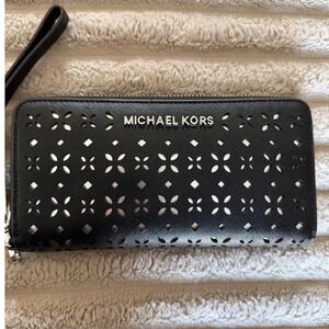 Michael Kors Jet Set Black Laser Cut Perforated Leather Zip Around Wallet